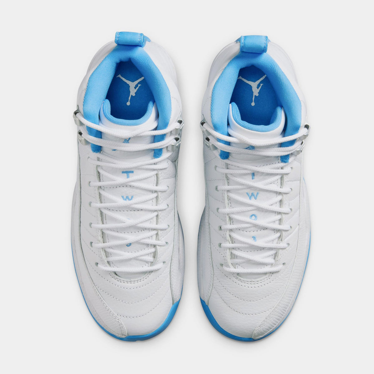 Exclusive Air Jordan 12 Retro White and University Blue Grade School Lifestyle Shoes (White/University Blue/Metallic Silver) — 3.5Y — Side View