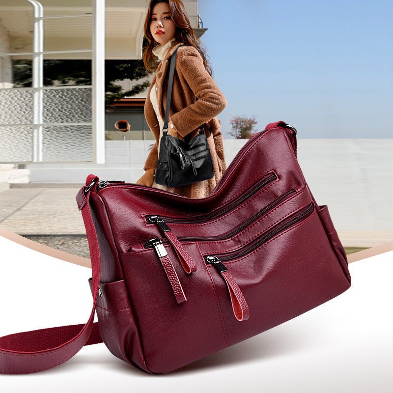 Exclusive Casual soft leather diagonal bag — Black — Front View