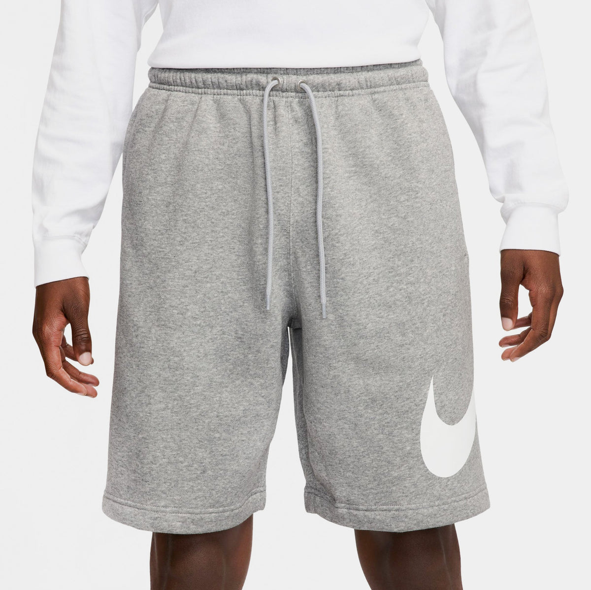 Exclusive Club Fleece Swoosh Graphic Mens Shorts (Dark Grey Heather/Light Grey/White) — S — Front View