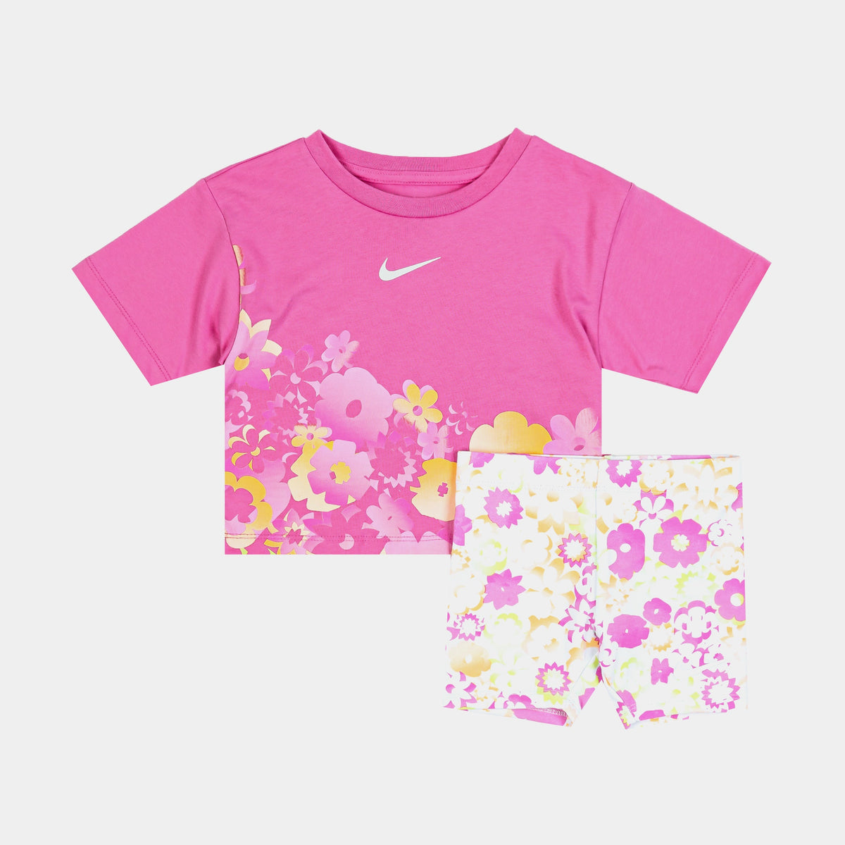 Exclusive Floral All Over Print Biker Short Preschool Set (Pink/White) — 4 — Front View