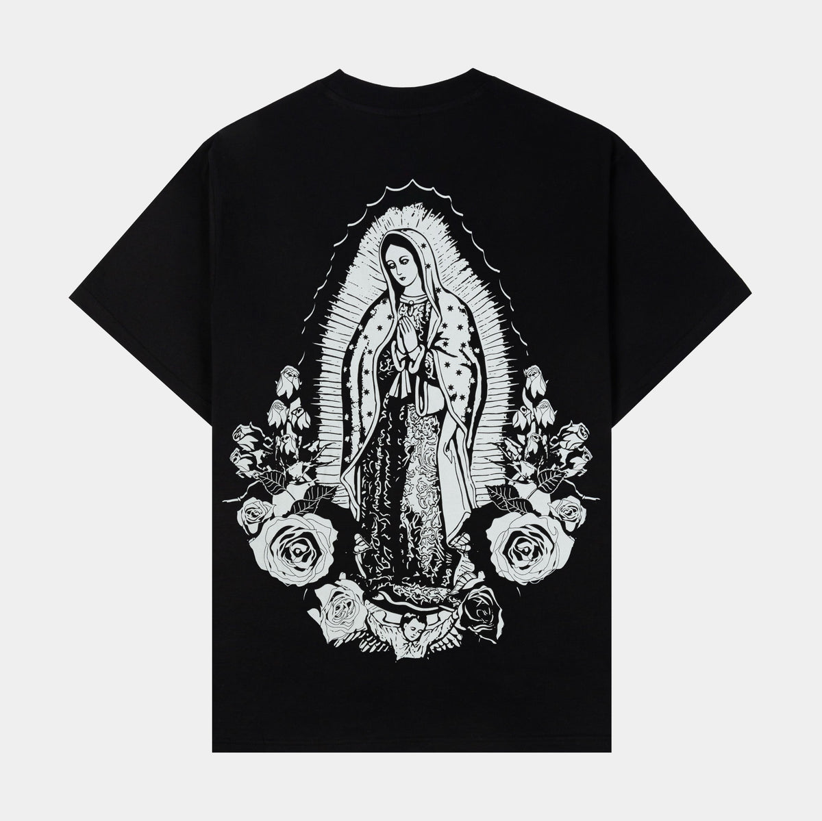 Exclusive The Lady Of Guadalupe Mens Short Sleeve Shirt (Black/Cream) — S — Back View