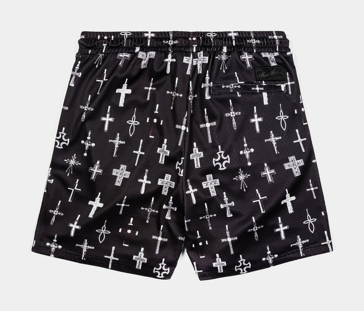 Exclusive All Over Print Crosses Mesh Mens Shorts (Black/Grey) — S — Side View