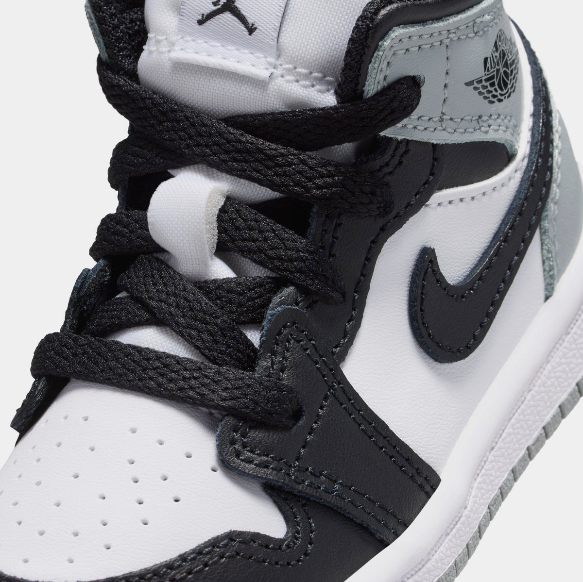 Exclusive Air Jordan 1 Mid Infant Toddler Lifestyle Shoes (White/Light Smoke Grey/Black) — 2C — Detail View