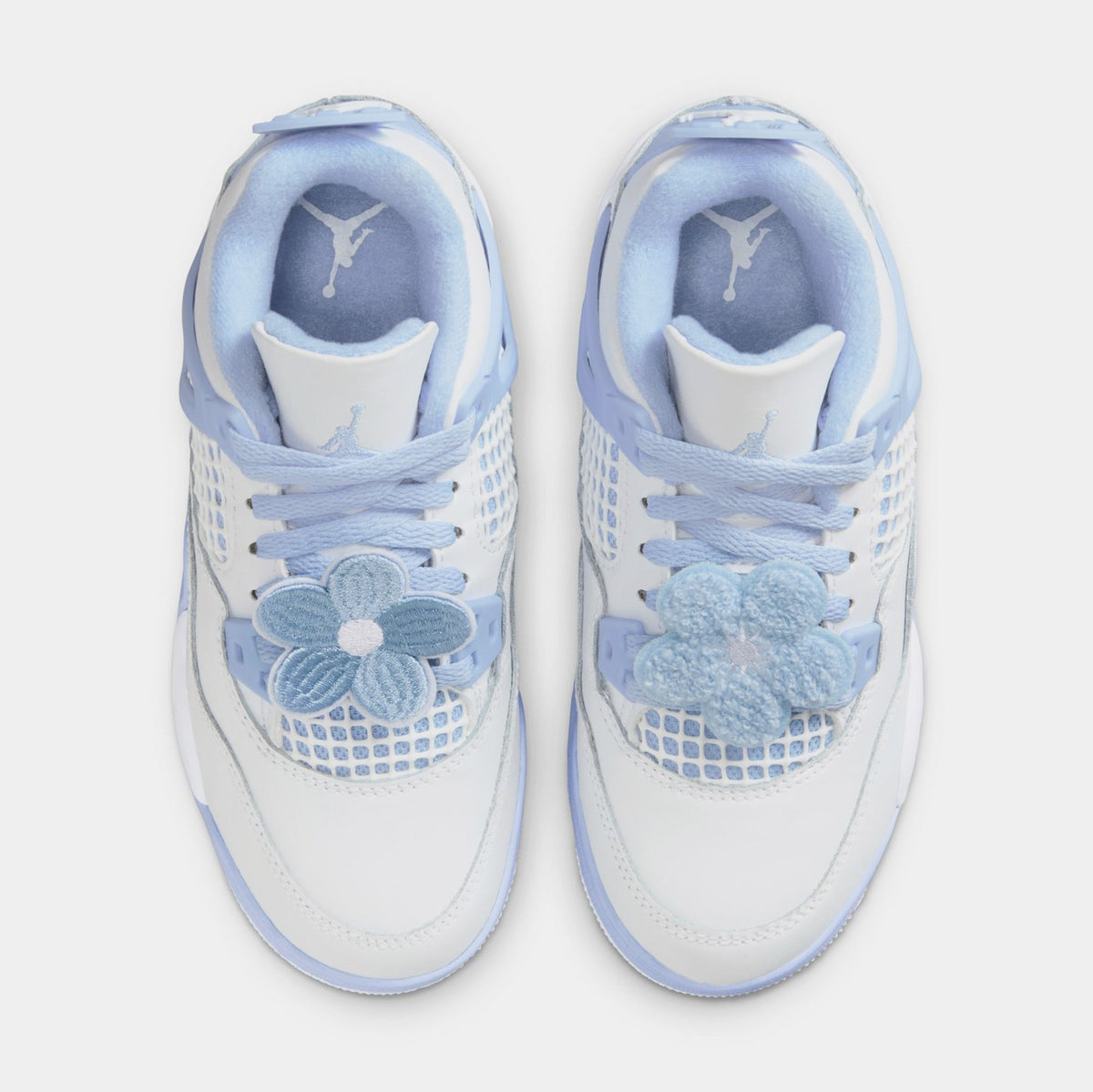 Exclusive Air Jordan 4 Retro Aluminum Preschool Lifestyle Shoes (White/Aluminum Blue/Tint Oil Green) — 10.5C — Side View