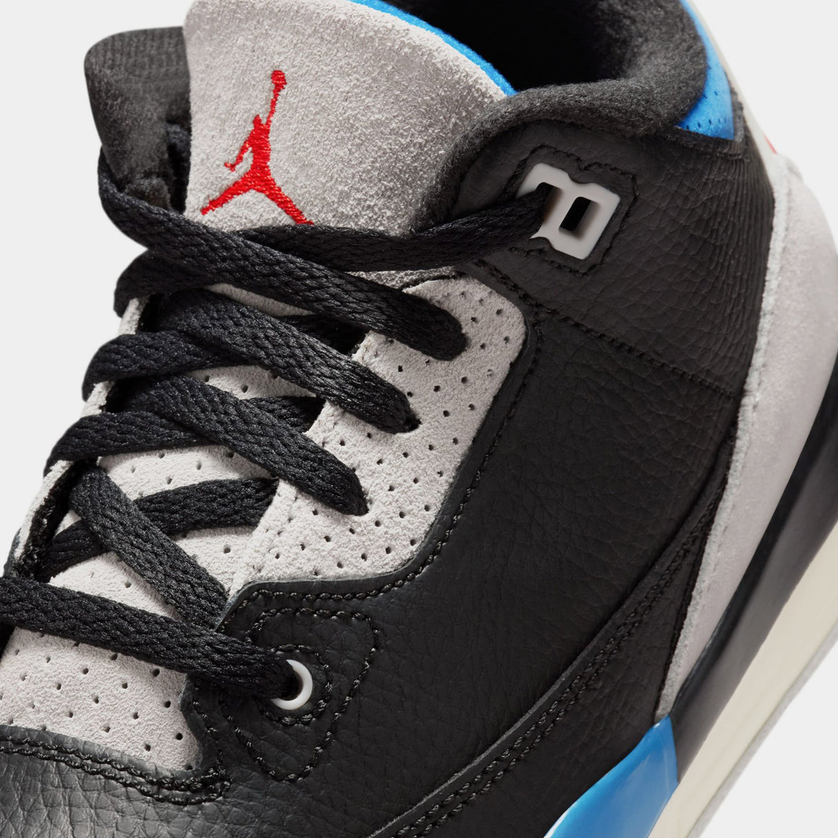 Exclusive Air Jordan 3 Retro OG Rare Air Preschool Lifestyle Shoes (Black/Chile Red/Neutral Grey/Military Blue/Coconut Milk) Free Shipping — 10.5C — Detail View