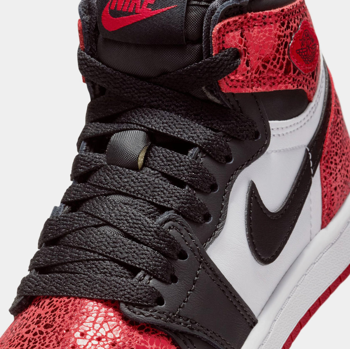 Exclusive Air Jordan 1 Retro High OG Ruby Preschool Lifestyle Shoes (Varsity Red/Black/White) — 10.5C — Detail View