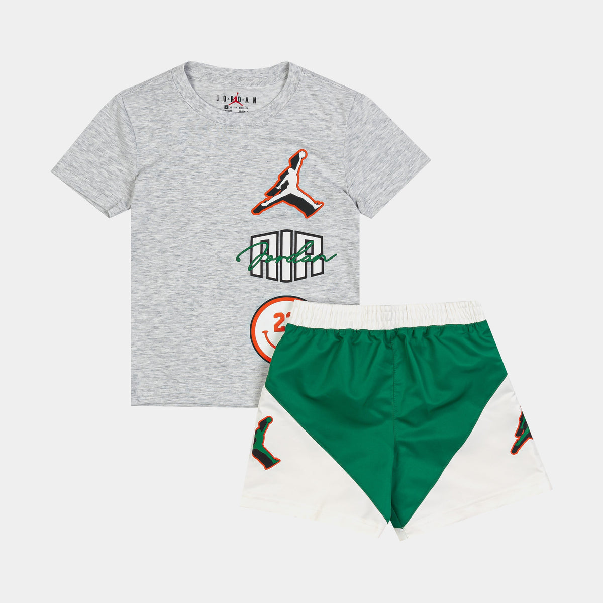 Exclusive Jumpman Stacked Play Short Infant Toddler Set (Grey/Green) — 2T — Front View