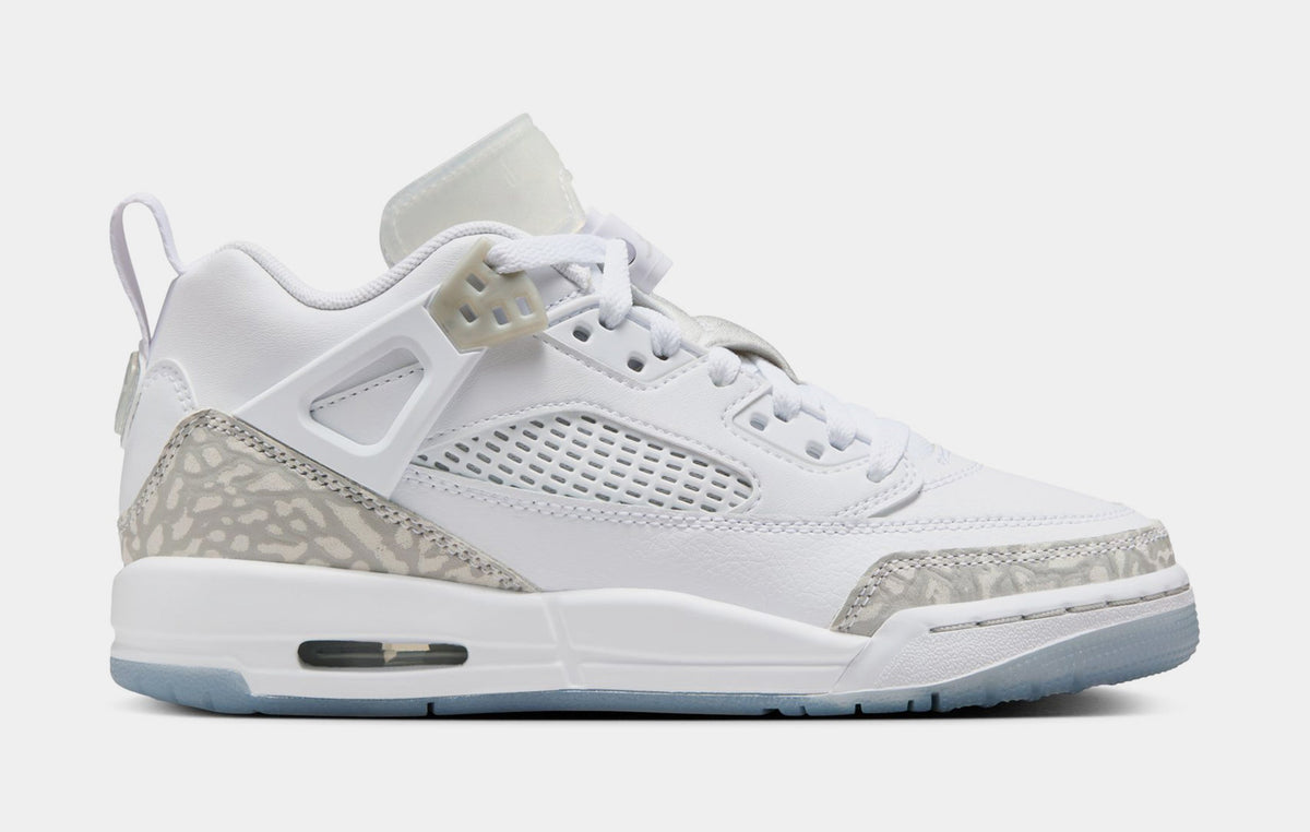 Exclusive Spizike Low Grade School Basketball Shoes (White/Metallic Silver/Barely Blue/Neutral Grey) — 3.5Y — Front View
