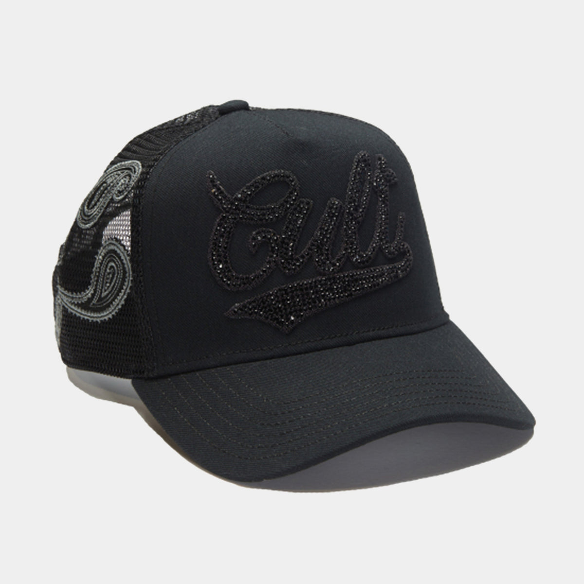 Exclusive Paisley Shimuchan Logo Mesh Trucker Mens Hat (Black/Black) — OS — Side View