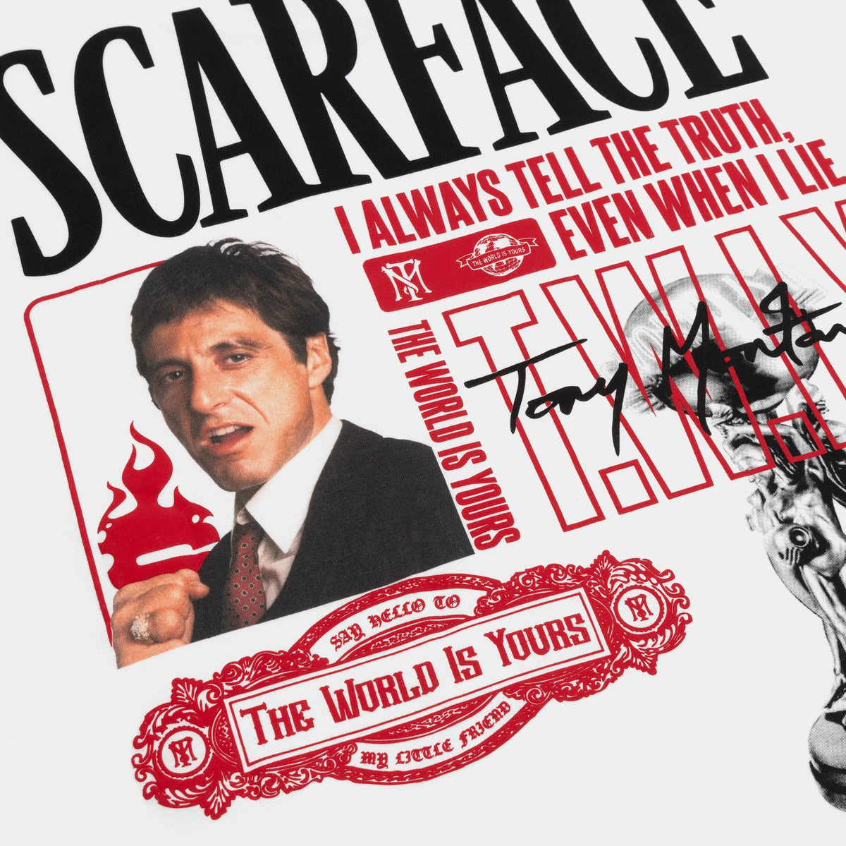Exclusive SP x Scarface The Trophy Mens Short Sleeve Shirt (White/Red) — S — Top View