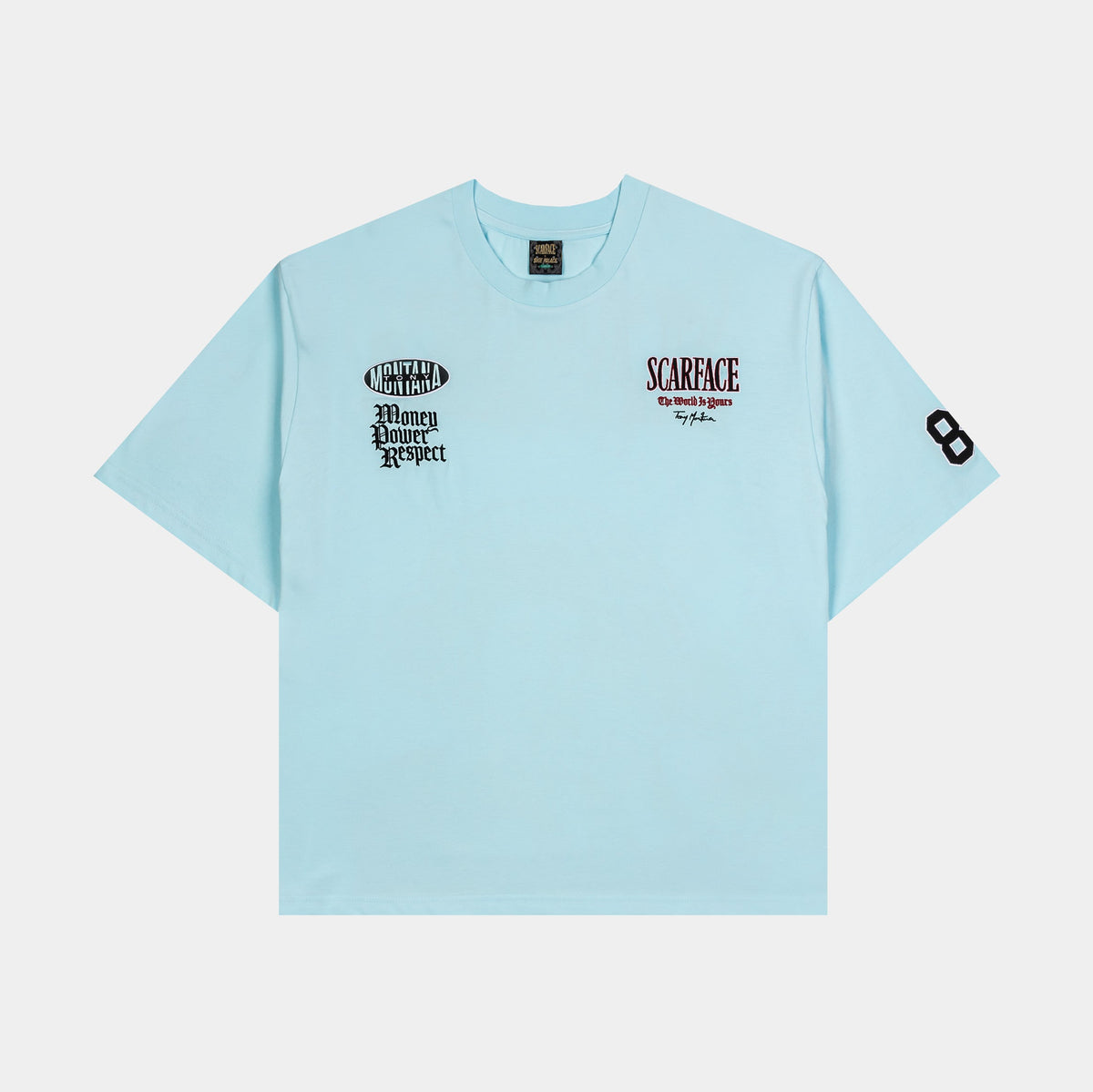 Exclusive SP x Scarface Respect Mens Short Sleeve Shirt (Blue/Red) — S — Front View