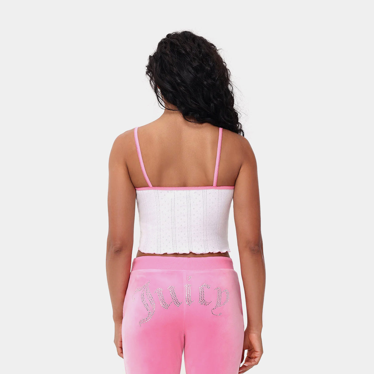 Exclusive Pointelle Bow Cropped Womens Tank (White/Pink) — XS — Side View