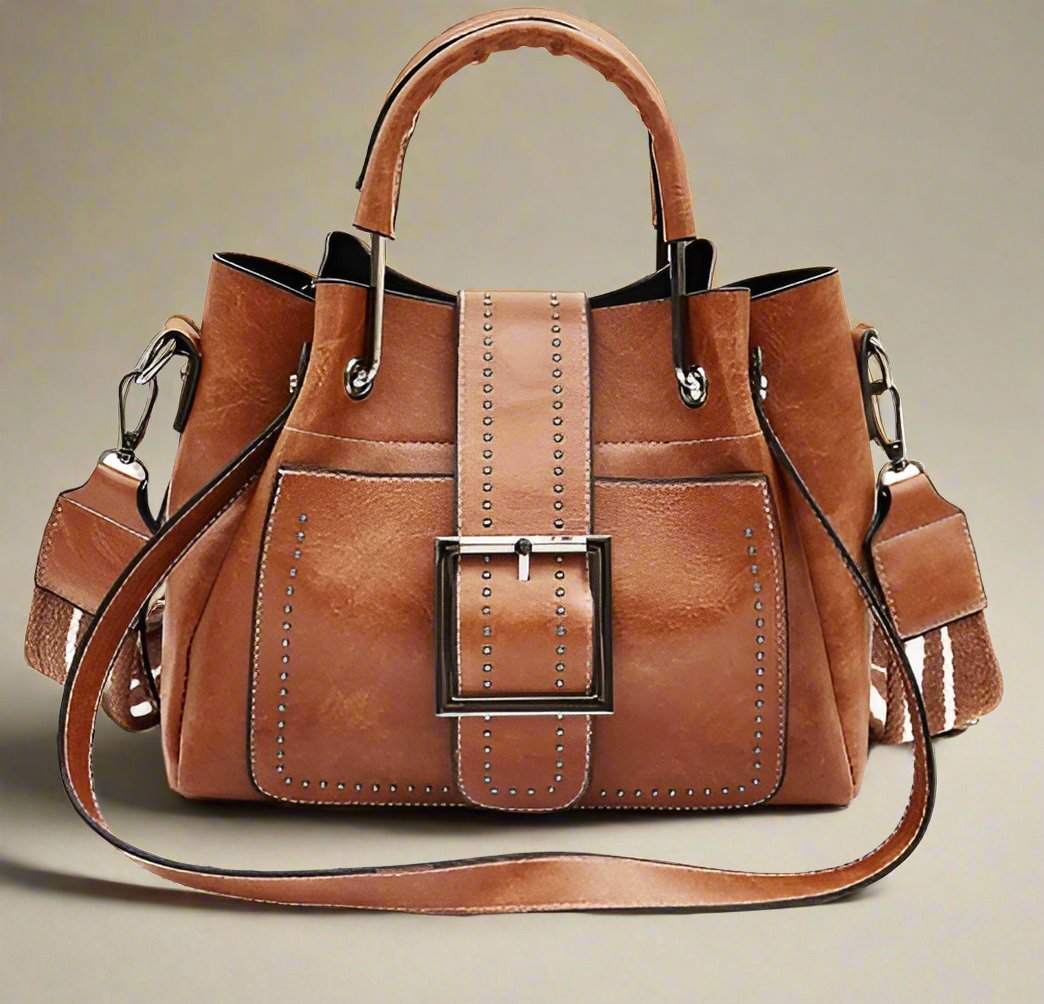 Exclusive Double Leather Bucket Bag Handbag — Black — Front View