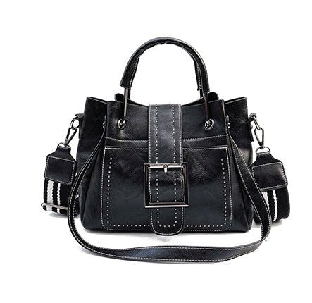 Exclusive Double Leather Bucket Bag Handbag — Black — Side View