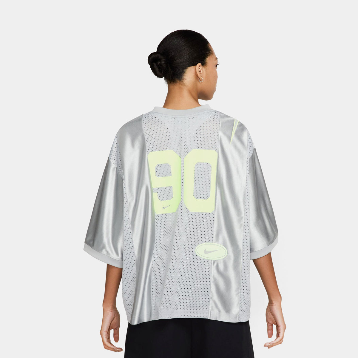 Exclusive NSW Oversized Graphic Womens Jersey (Light Smoke Grey/Barely Volt) — XS — Side View