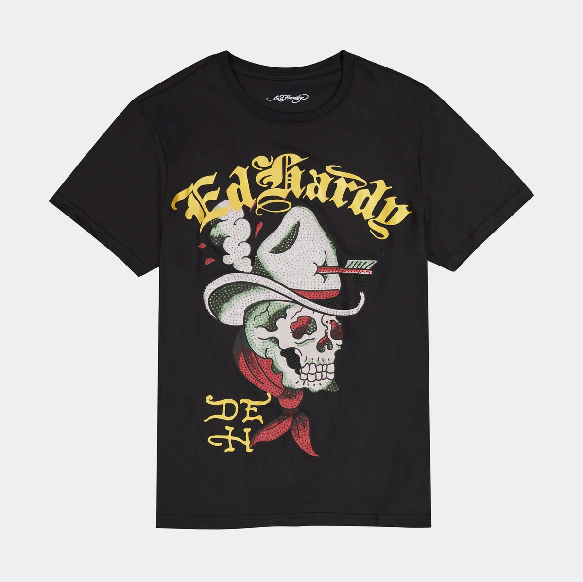 Exclusive Cowboy Skull Rhinestone Mens Short Sleeve Shirt (Black) — S — Front View
