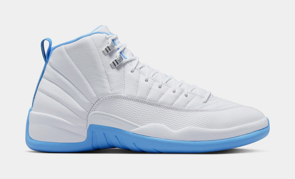 Exclusive Air Jordan 12 Retro White and University Blue Mens Lifestyle Shoes (White/University Blue/Metallic Silver) — 7 — Front View