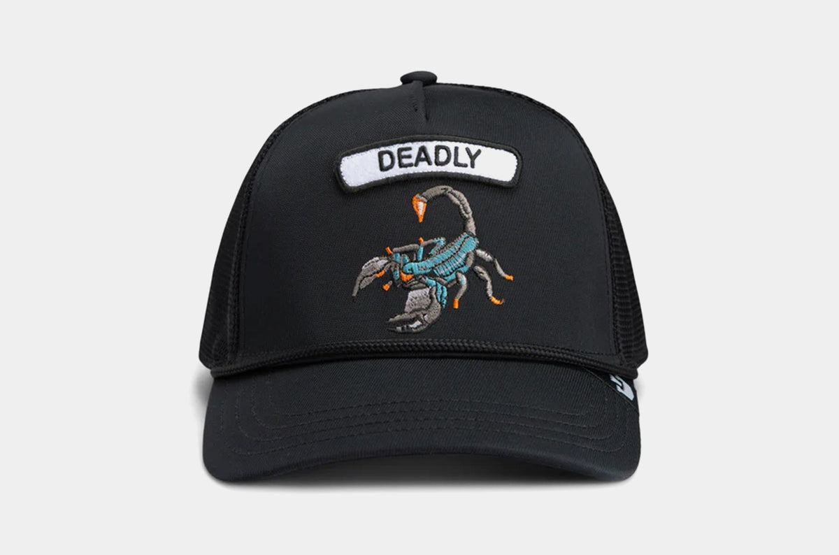 Exclusive GB2 Deadly Scorpion Trucker Mens Hat (Black/Blue) — OS — Front View