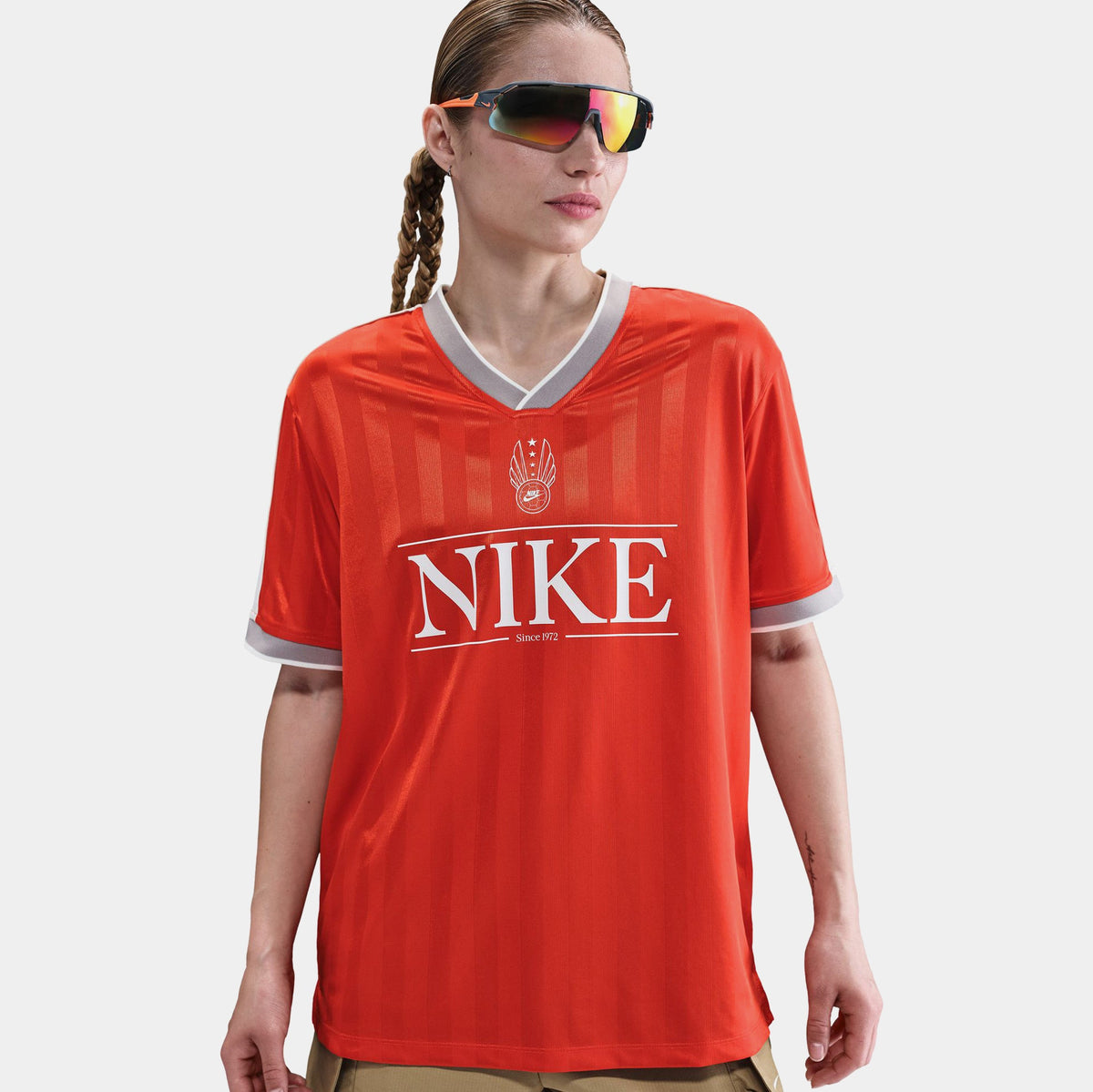 Exclusive NSW V Neck Top Womens Jersey (Picante Red/Sail/Midnight Navy/Sail) — XS — Back View