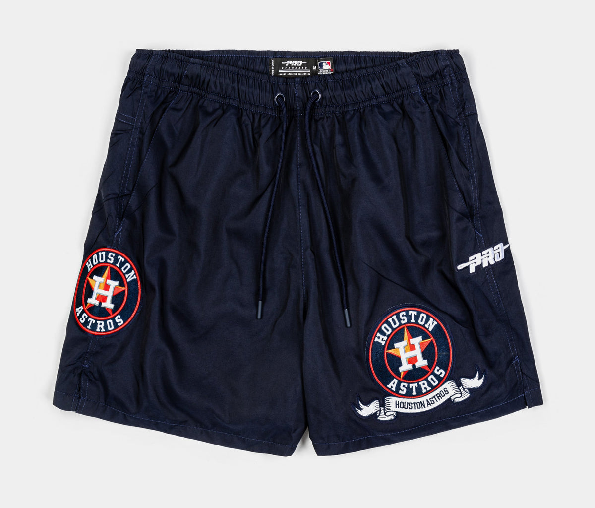 Exclusive Houston Astros Team Badge Woven Mens Shorts (Blue/White) — S — Front View