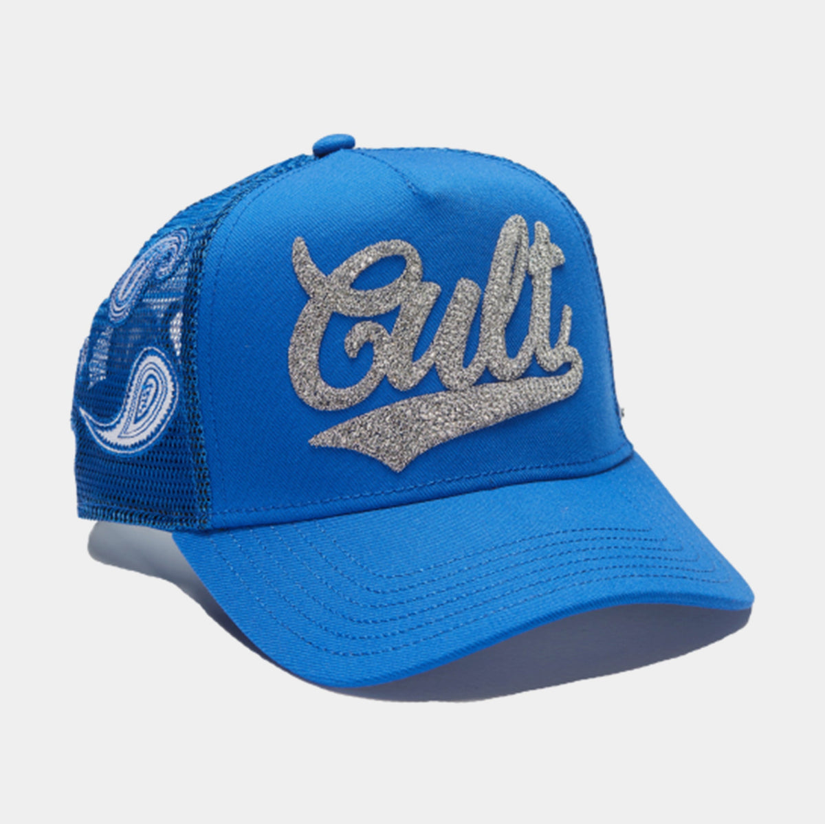 Exclusive Paisley Shimuchan Logo Mesh Trucker Mens Hat (Royal Blue) — OS — Side View
