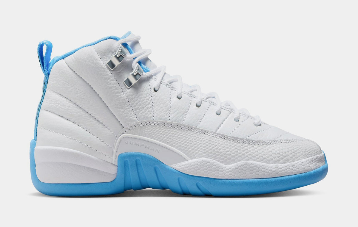 Exclusive Air Jordan 12 Retro White and University Blue Grade School Lifestyle Shoes (White/University Blue/Metallic Silver) — 3.5Y — Front View