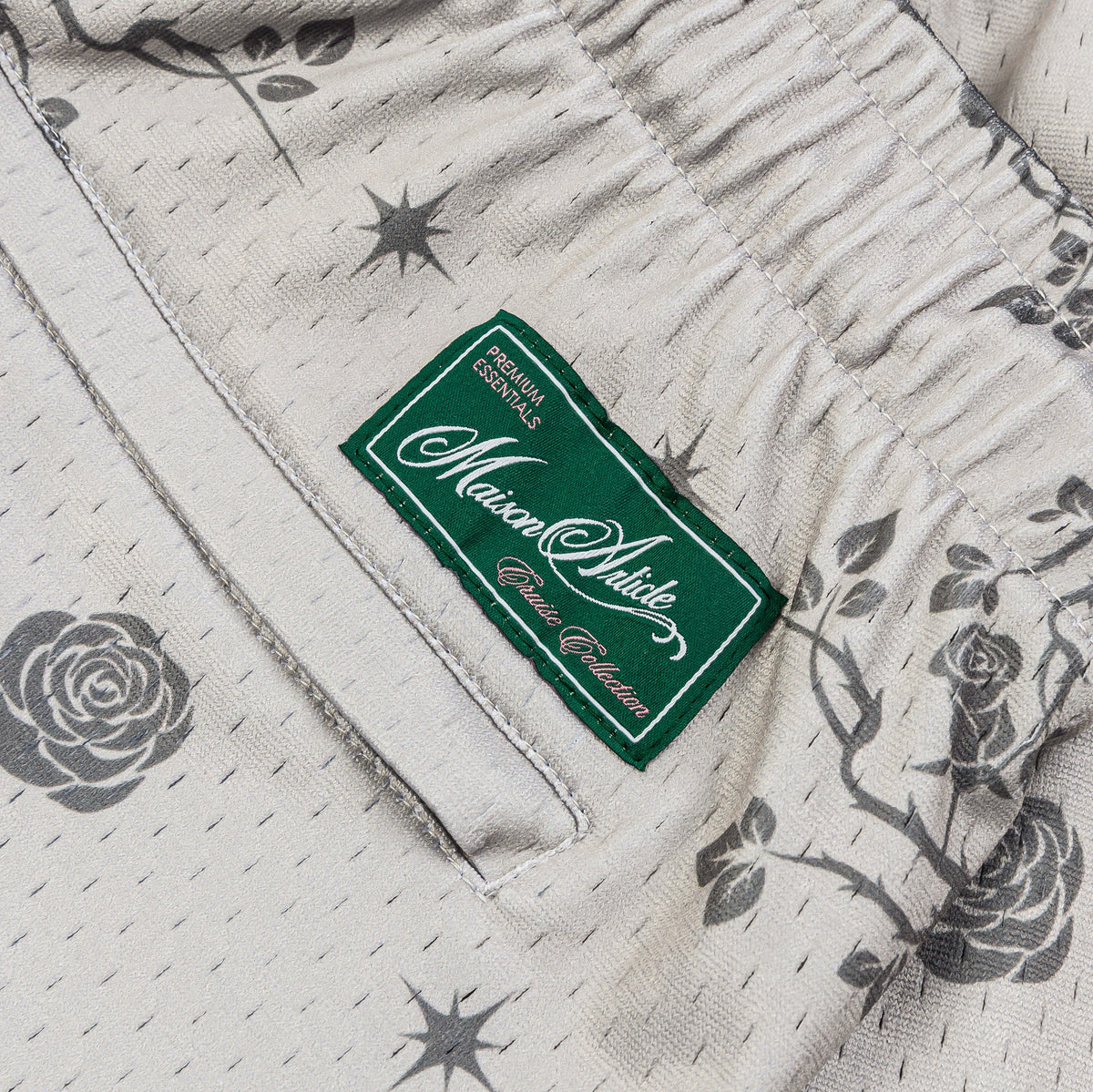 Exclusive Rose Guadalupe Mesh Mens Shorts (Beige/Black) — S — Detail View