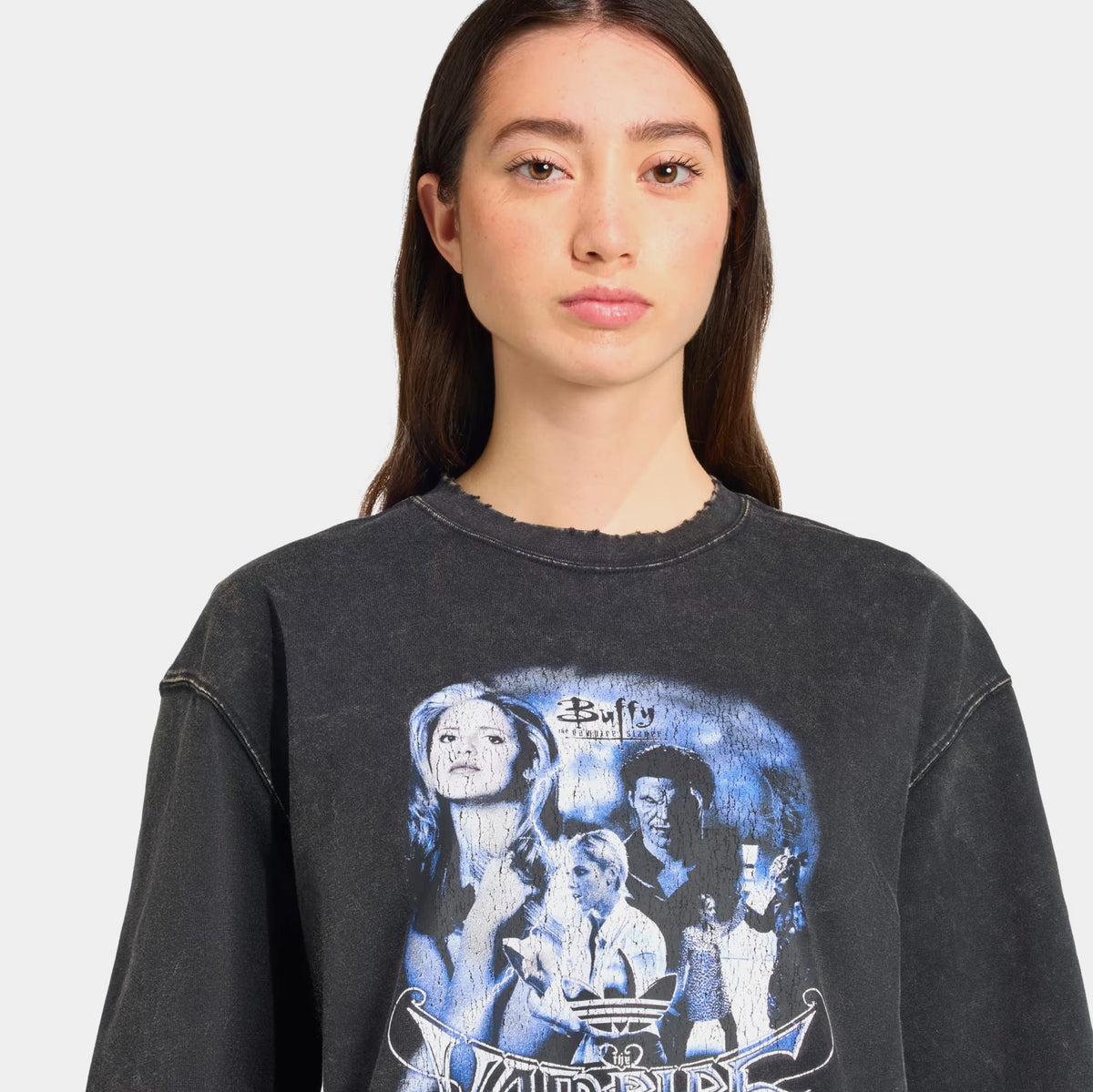 Exclusive Buffy The Vampire Slayer Oversized Washed Womens Short Sleeve Shirt (Black/Purple) — XS — Back View