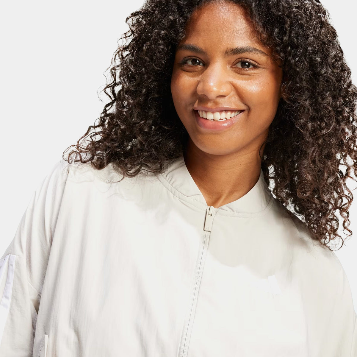 Exclusive 3 Stripes Woven Bomber Womens Jacket (Beige/White) — XS — Top View