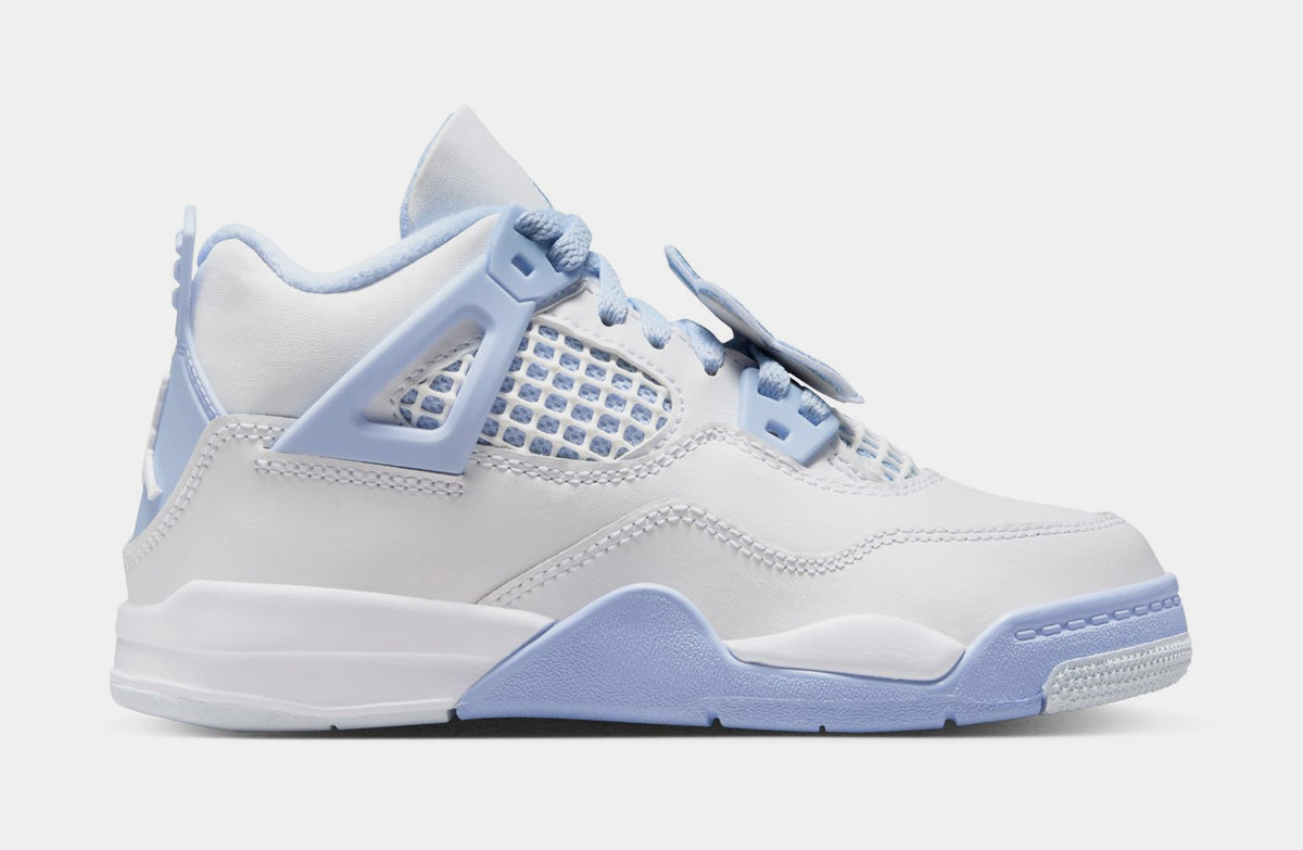 Exclusive Air Jordan 4 Retro Aluminum Preschool Lifestyle Shoes (White/Aluminum Blue/Tint Oil Green) — 10.5C — Front View