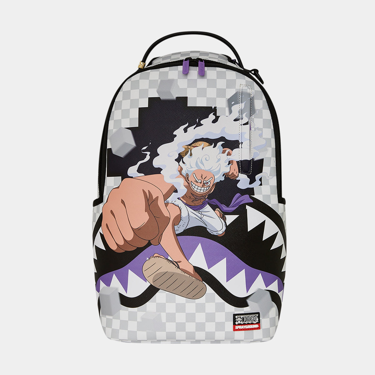 Exclusive One Piece Gear 5 Luffy Checkered Smash Mens Backpack (White/Grey) — OS — Front View