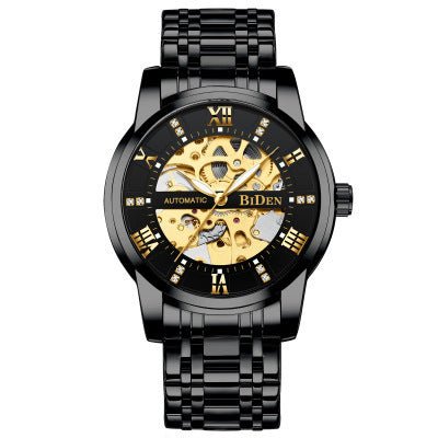 Exclusive Fashion Hollow Men's Mechanical Roman Scale With Diamonds — Black — Side View