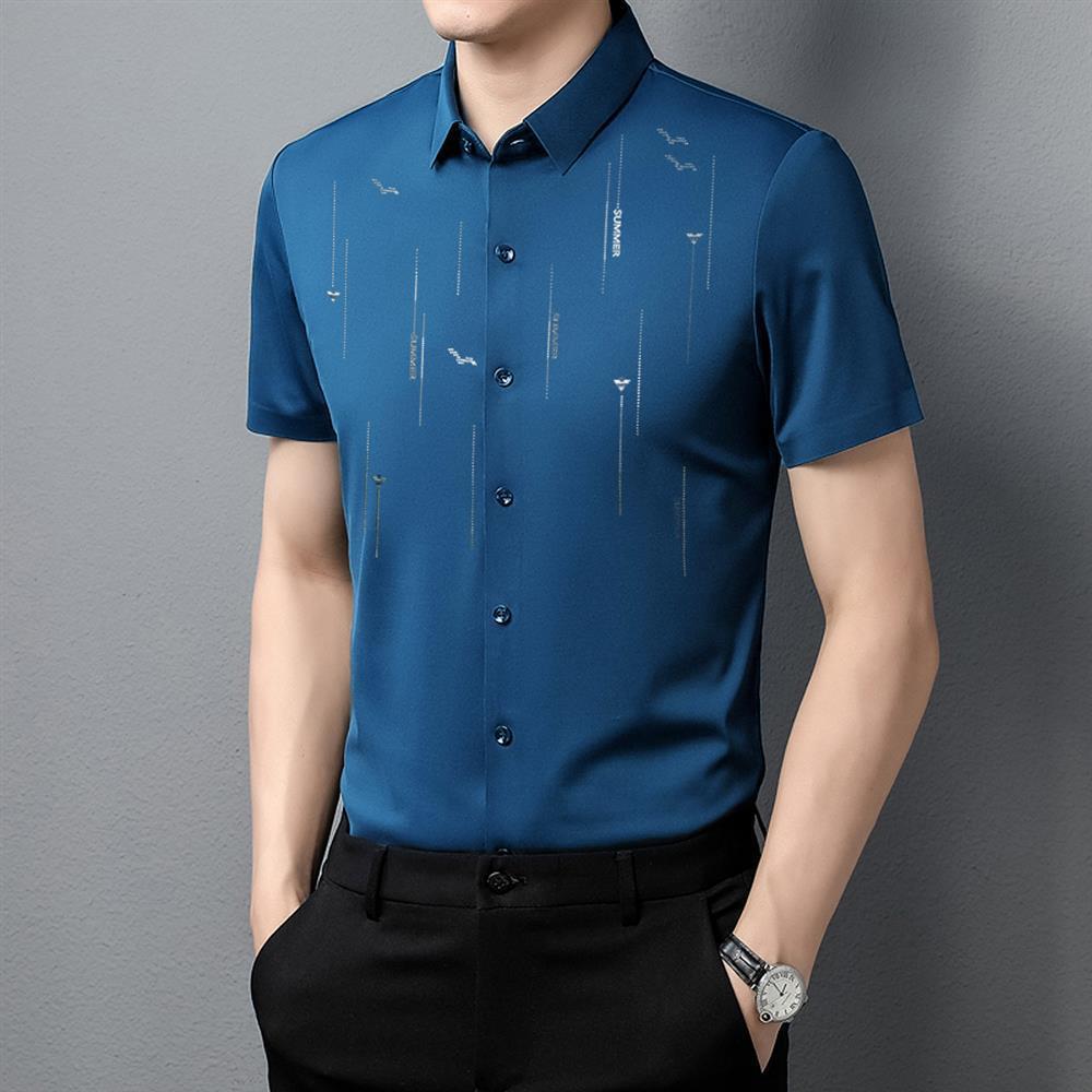 Exclusive Fashion Printed Short Sleeve Shirt — Machine Ring Blue — Size M — Front View