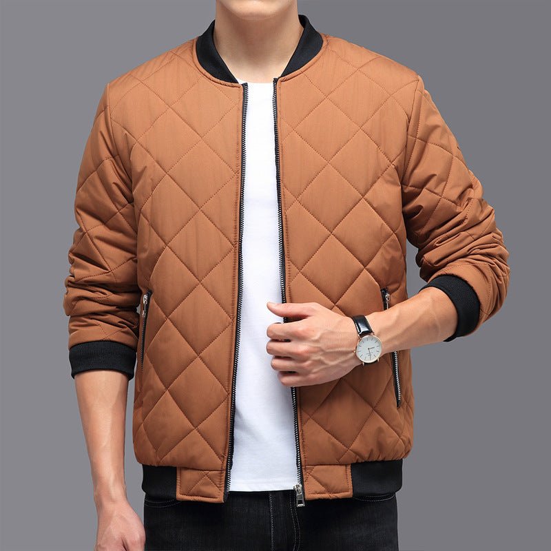 Exclusive Fashion Rhombic Design Cotton Coat — Khaki — Size M — Side View