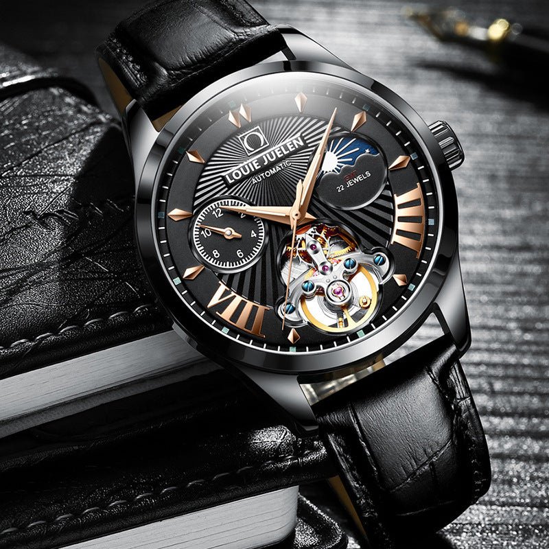 Exclusive Fashion Trend Hollow Waterproof Male Mechanical Watch — Brown — Front View