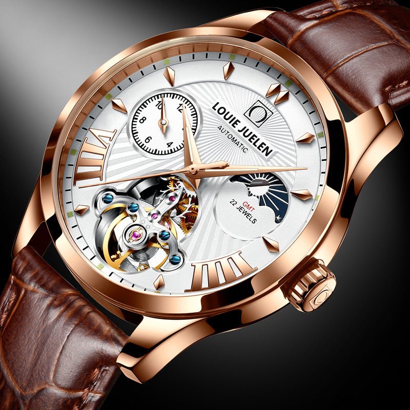 Exclusive Fashion Trend Hollow Waterproof Male Mechanical Watch — Brown — Side View