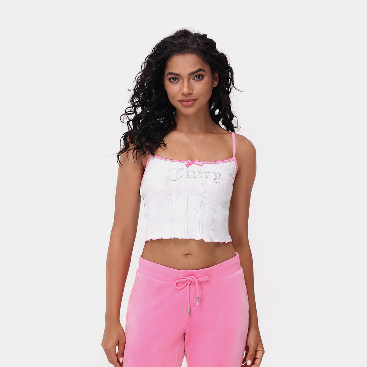 Exclusive Pointelle Bow Cropped Womens Tank (White/Pink) — XS — Front View