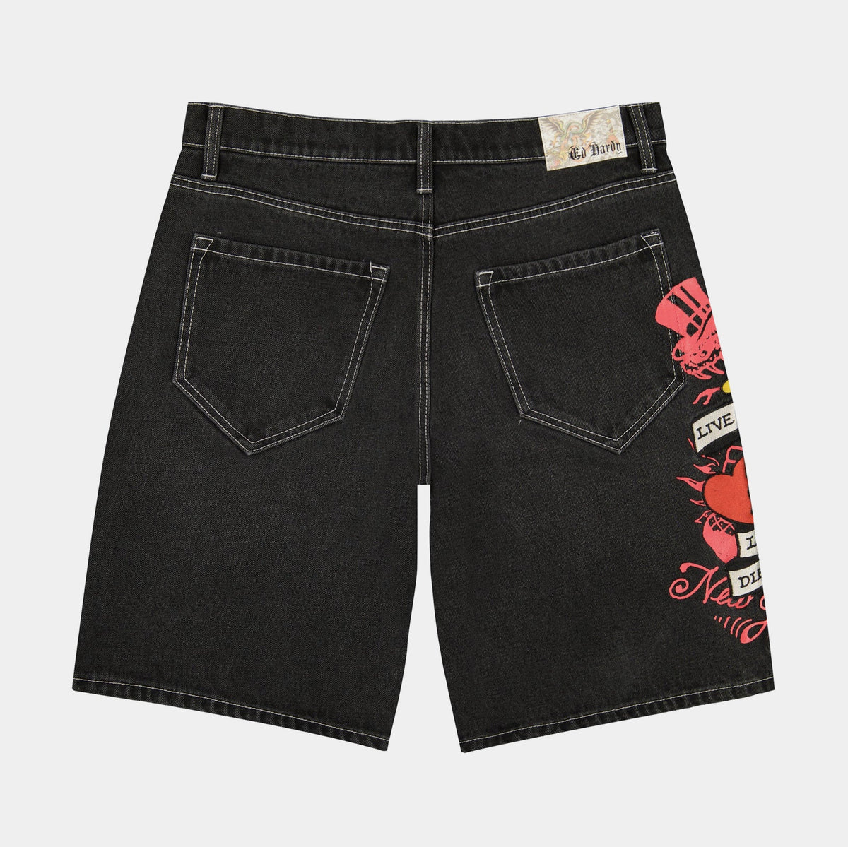 Exclusive Live Fast Denim Mens Shorts (Black/Red) — 28 — Side View