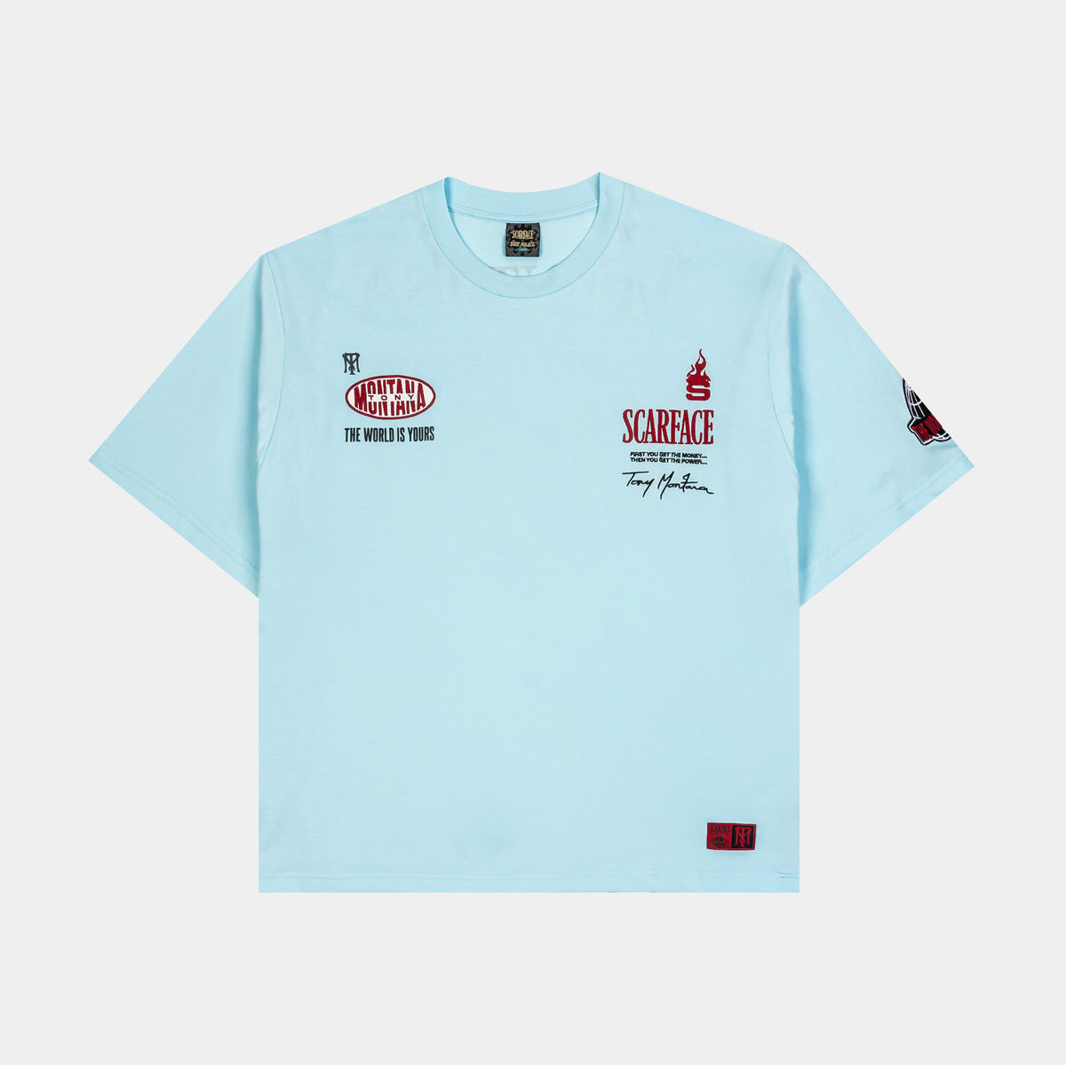 Exclusive SP x Scarface MGMT CO Mens Short Sleeve Shirt (Blue/Red) — S — Front View