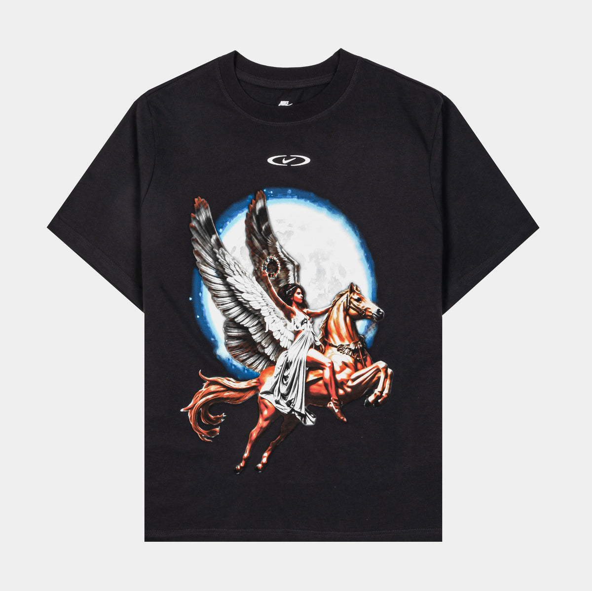 Exclusive NSW Essential Pegasus Soaring Oversized Womens Short Sleeve Shirt (Off Noir/White) — XS — Front View