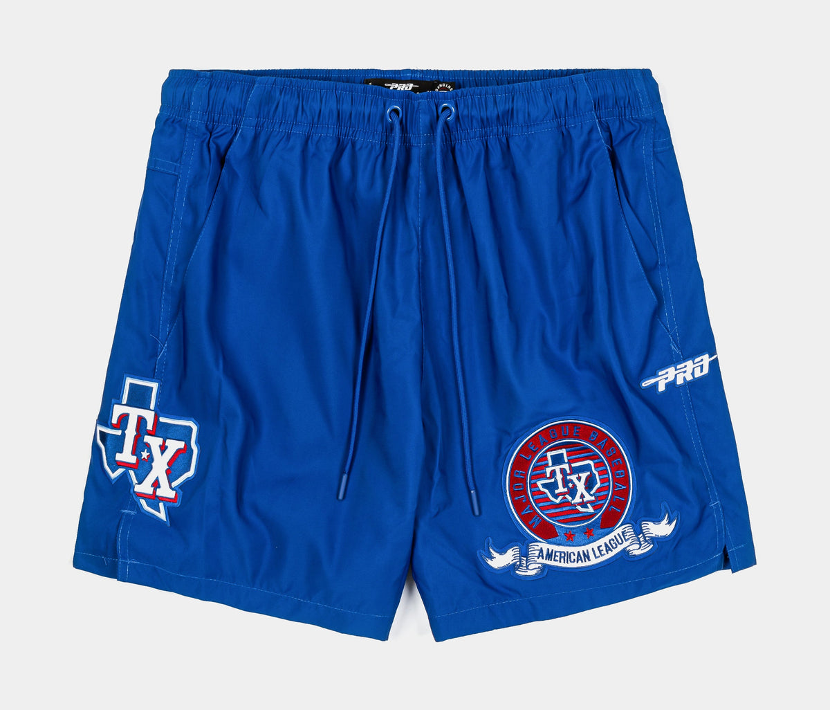 Exclusive Texas Rangers Team Badge Woven Mens Shorts (White/Blue) — S — Front View