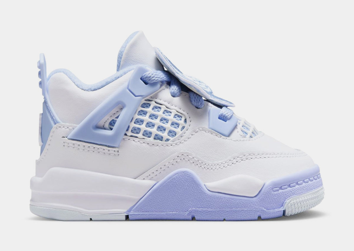Exclusive Air Jordan 4 Retro Aluminum Infant Toddler Lifestyle Shoes (White/Aluminum Blue/Tint Oil Green) — 2C — Front View