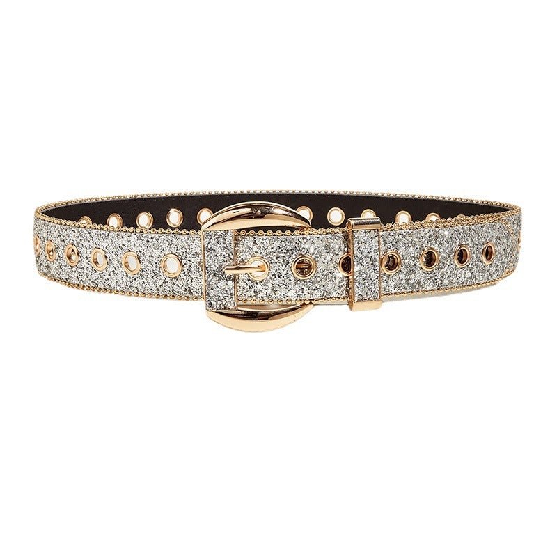 Exclusive Female Personality Sequin Rhinestone Belt — S Code Silver — Detail View
