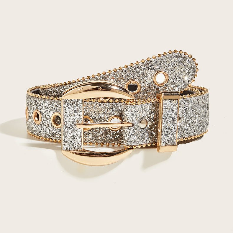Exclusive Female Personality Sequin Rhinestone Belt — S Code Silver — Top View