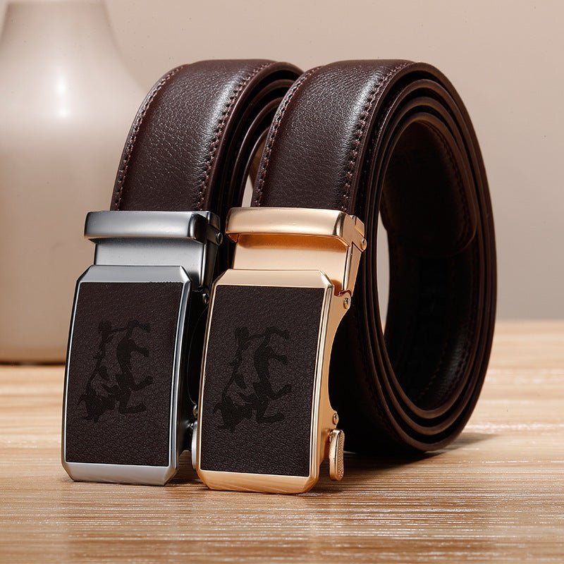 Exclusive Genuine Leather Cowhide Belt With Automatic Buckle Belt — Gold — Size 110cm — Width 1style — Side View