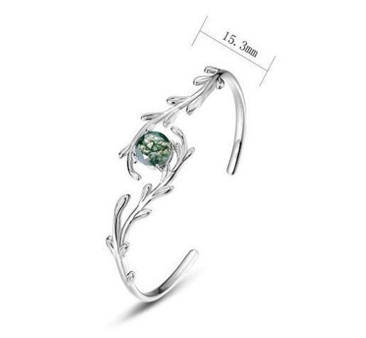 Exclusive Green Moss Stone Water Plants Agate Bracelet — Opening 65 Inches — Size 925 Silver — Detail View