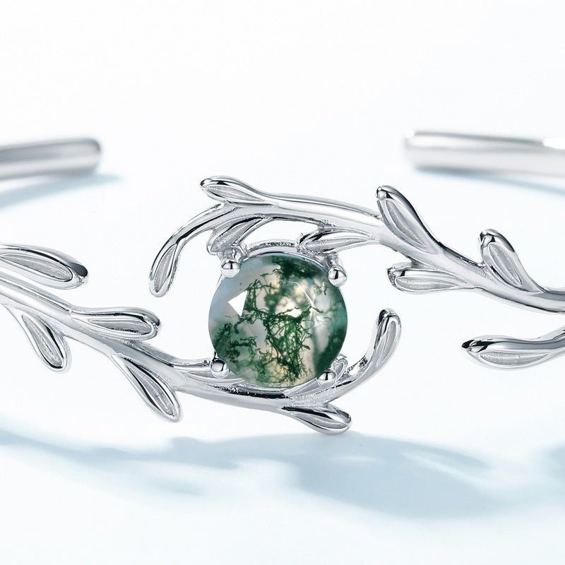 Exclusive Green Moss Stone Water Plants Agate Bracelet — Opening 65 Inches — Size 925 Silver — Top View