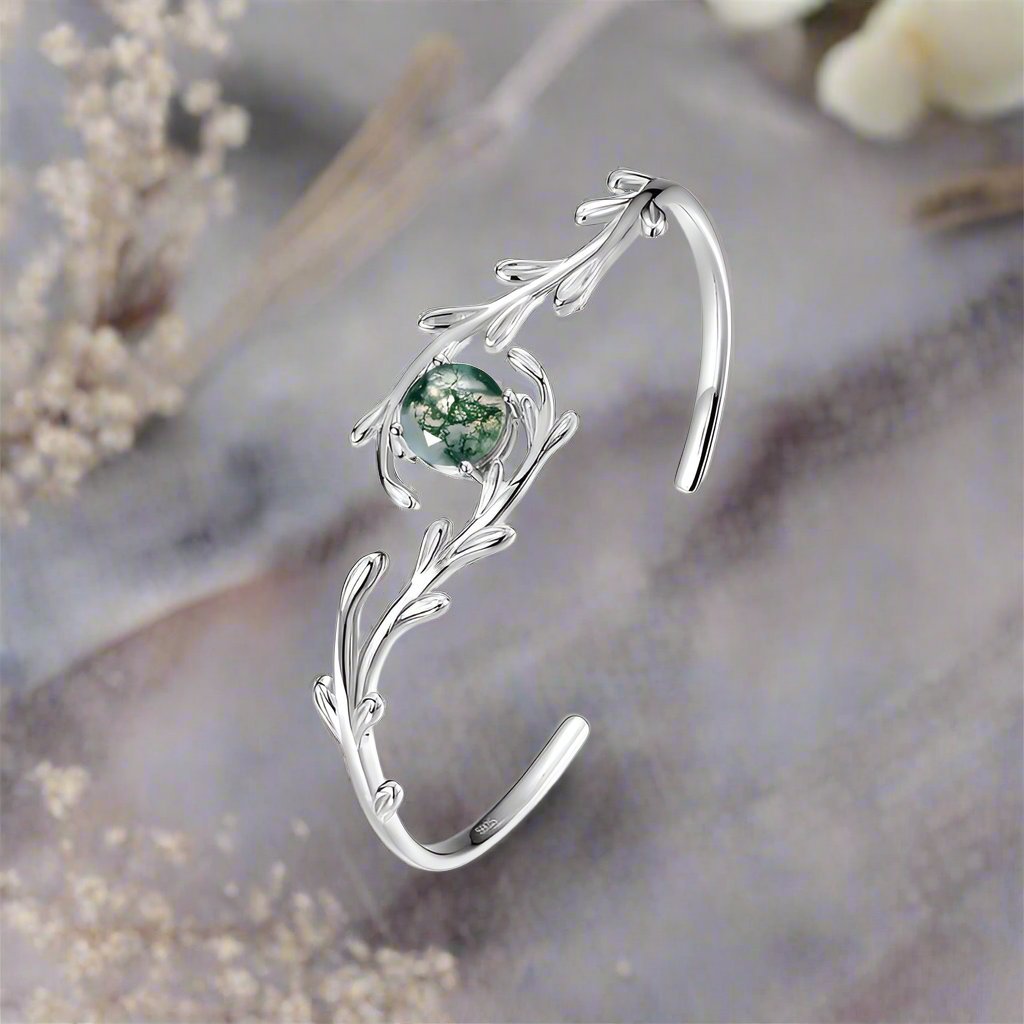 Exclusive Green Moss Stone Water Plants Agate Bracelet — Opening 65 Inches — Size 925 Silver — Side View