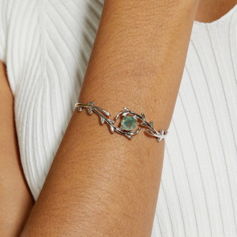 Exclusive Green Moss Stone Water Plants Agate Bracelet — Opening 65 Inches — Size 925 Silver — Front View