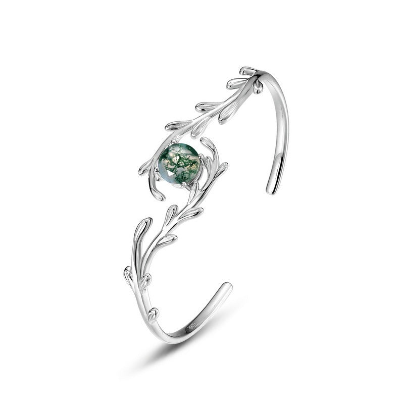 Exclusive Green Moss Stone Water Plants Agate Bracelet — Opening 65 Inches — Size 925 Silver — Back View